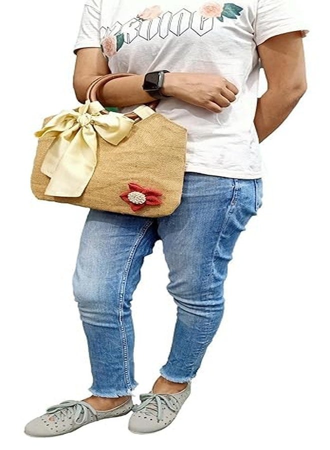 ATHZ jute hands bags for women bow tie detailing wooden handle tassel hanging Solid Plain Cotton | Jute | hand carry wristlets bags fashion accessory (Golden Brown Jute, Silky Creamy) - Image 2
